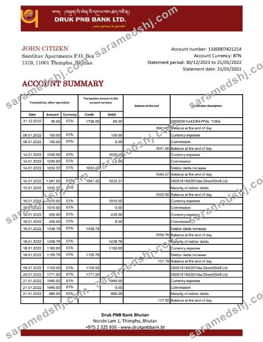 Bhutan Druk PNB bank statement